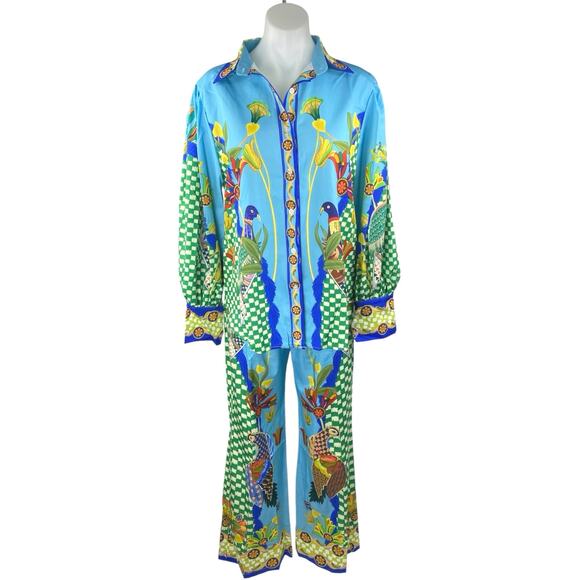 Women's Multicolor Floral Checkered Satin Button Down Shirt & Wde Leg Pants M - Picture 1 of 7